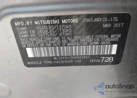 2017 Mitsubishi Mirage Es from USA, damaged, VIN ML32A3HJ3HH022451